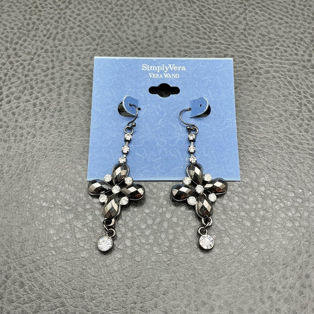 Simply Vera Vera Wang Earrings Dangle‎ Drop Flower Rhinestone Gunmetal Jewelry